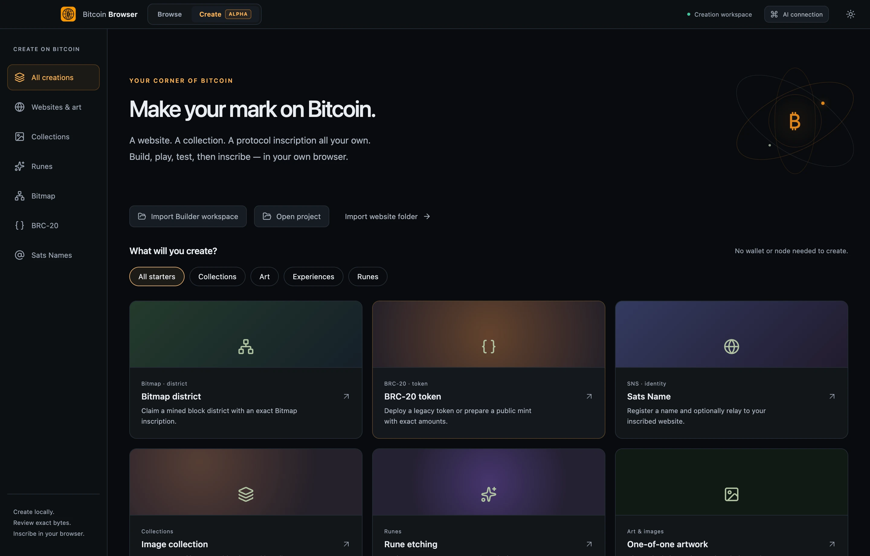 Bitcoin Browser Create Alpha workspace with native creation types and Ordinals templates