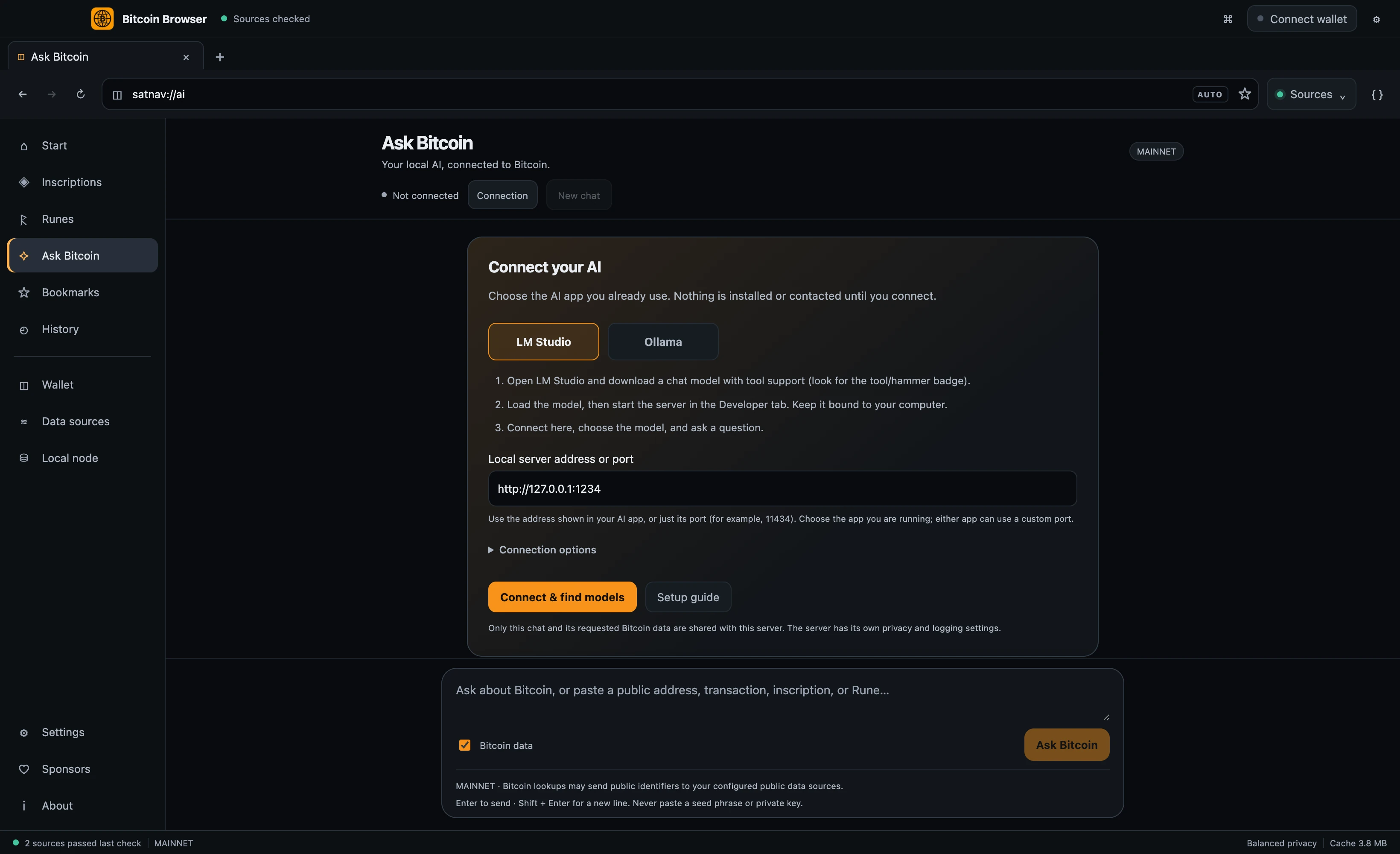Ask Bitcoin's connection screen with LM Studio and Ollama choices, local server setup and the question composer; no AI server connected