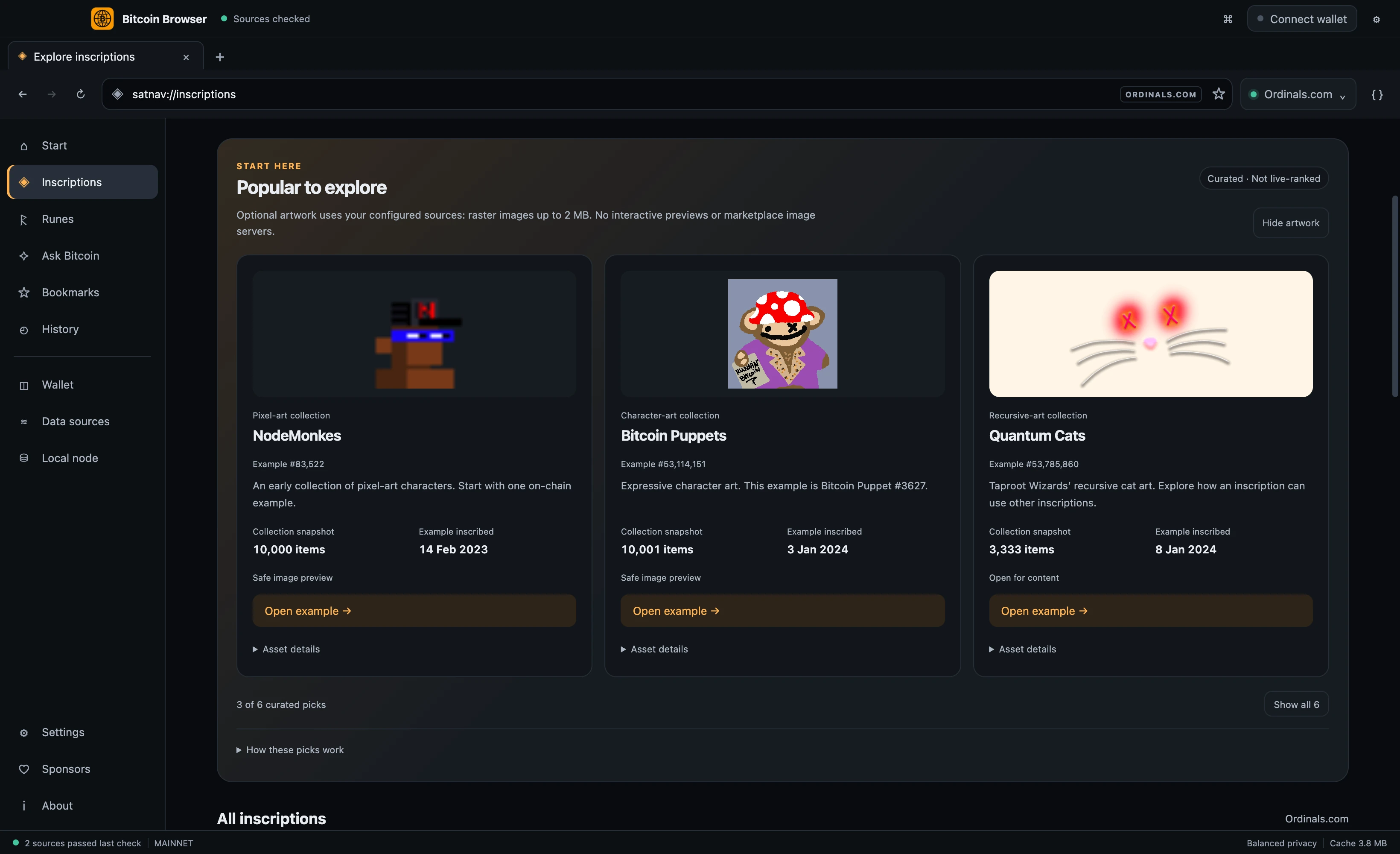Bitcoin Browser's inscription discovery page showing curated NodeMonkes, Bitcoin Puppets and Quantum Cats examples