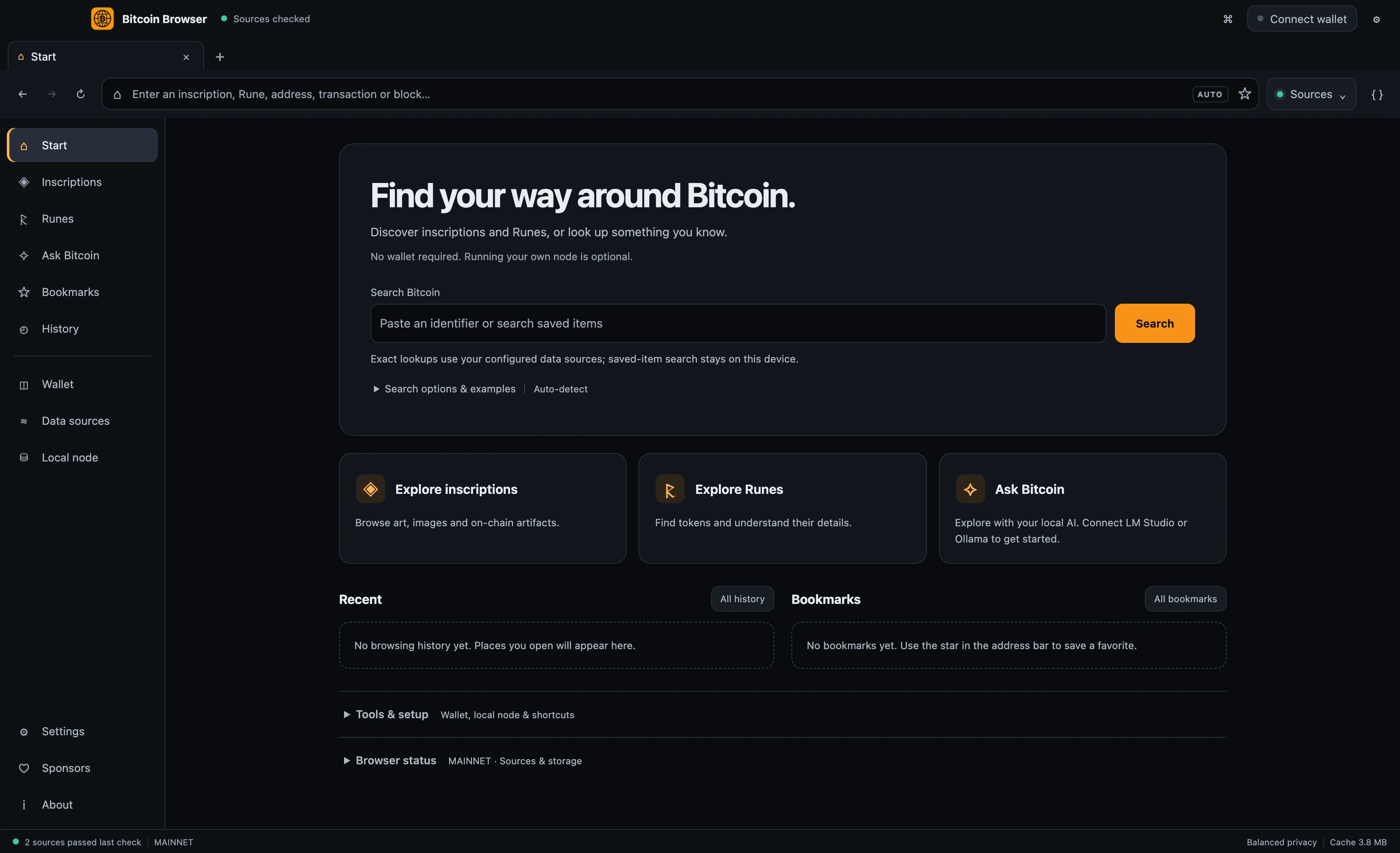 Bitcoin Browser Start screen with guided Bitcoin search and links to inscriptions, Runes and Ask Bitcoin