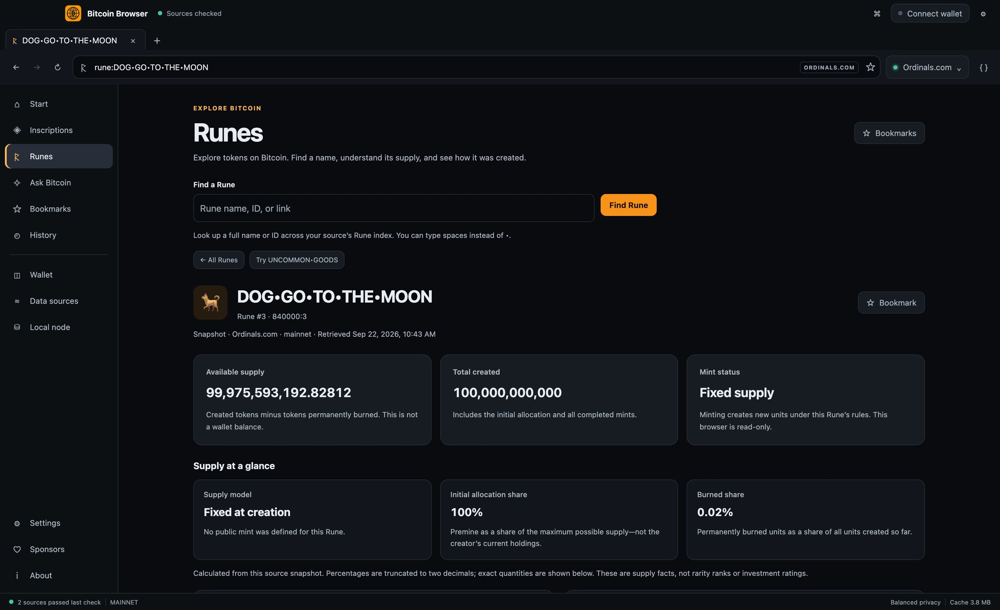DOG GO TO THE MOON Rune record with available supply, issuance details and an Ordinals.com source snapshot