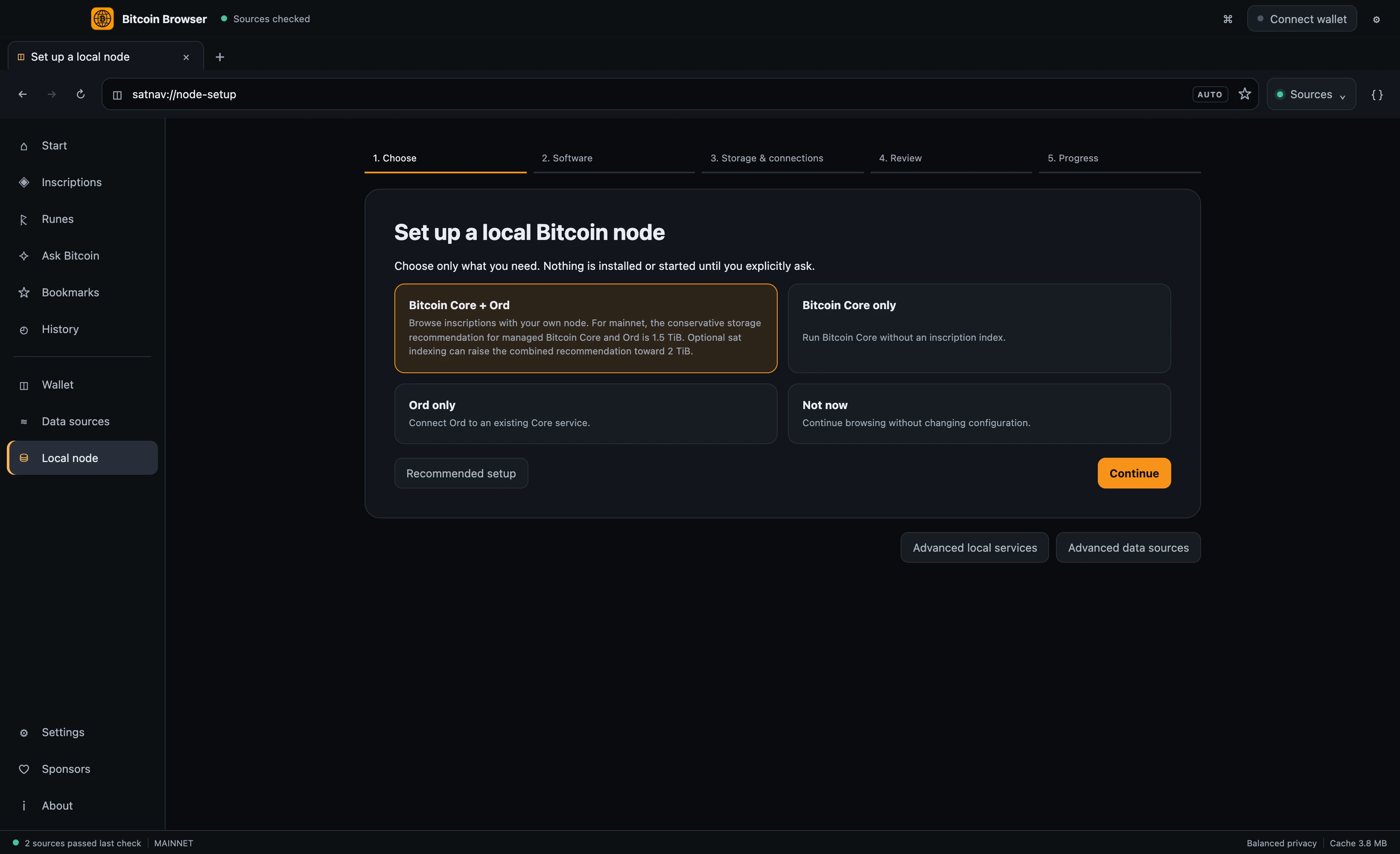Bitcoin Browser's guided local node setup with Bitcoin Core, Ord, combined setup and continue without a node choices