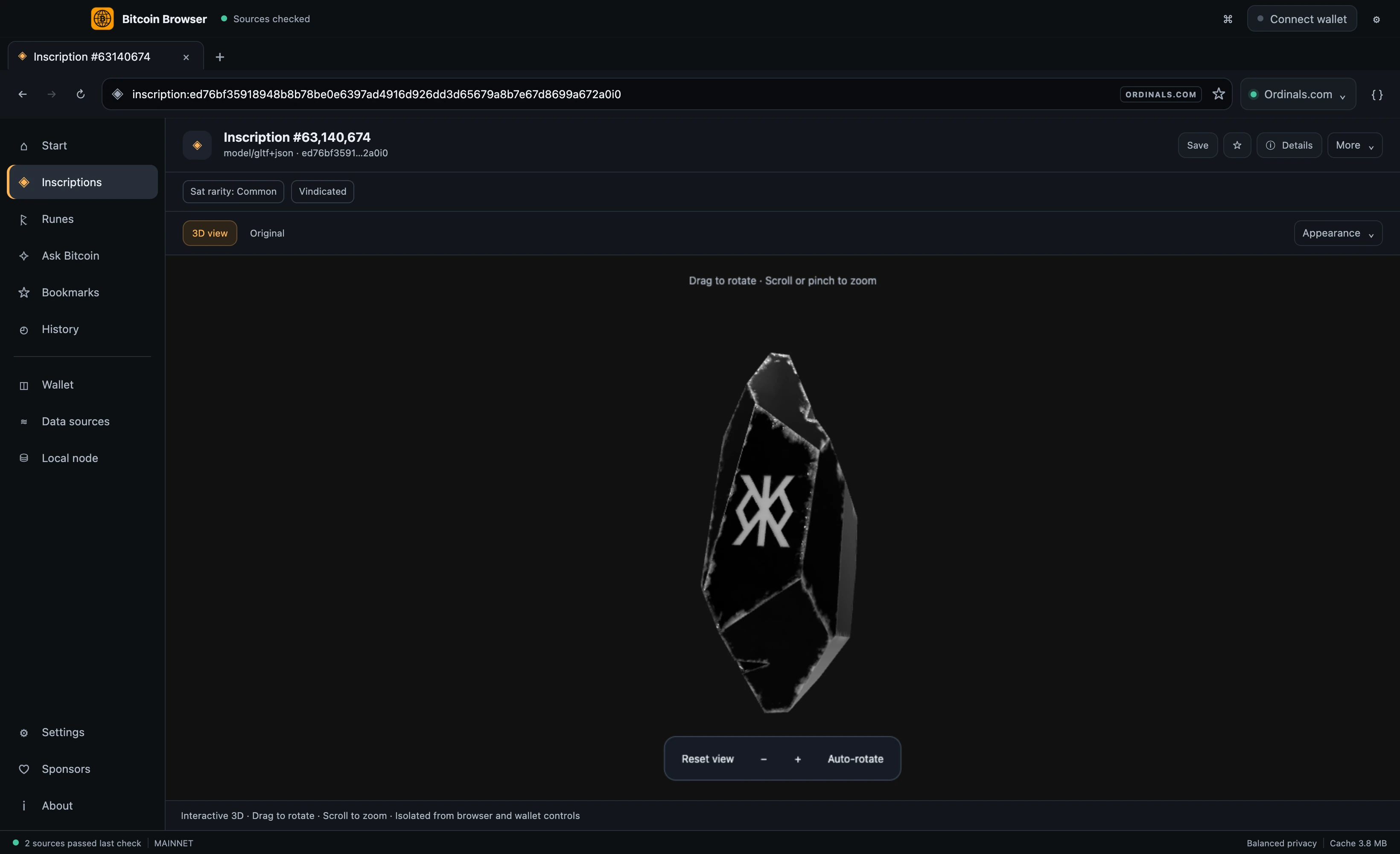 Runestone inscription 63,140,674 rendered in Bitcoin Browser's interactive 3D viewer with rotate, zoom and reset controls